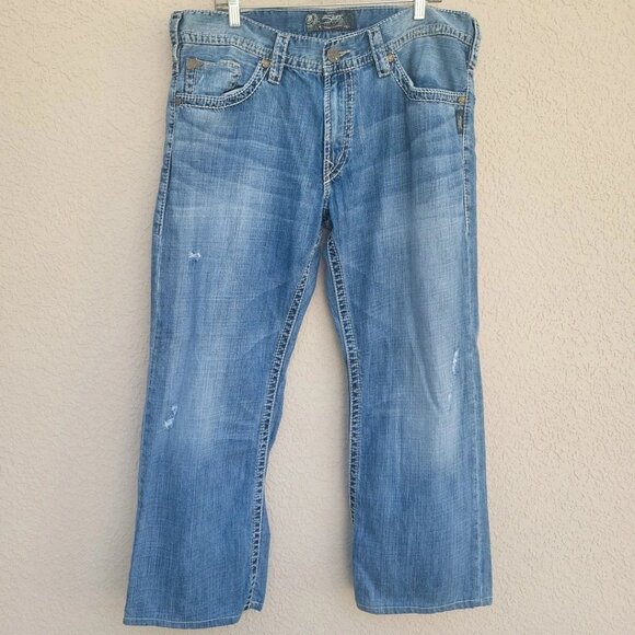 Y2K Silver Jeans Mens 38x32 (Fits 38x34) Blue Zac Bootcut Wide Leg Baggy Skater - Picture 1 of 8